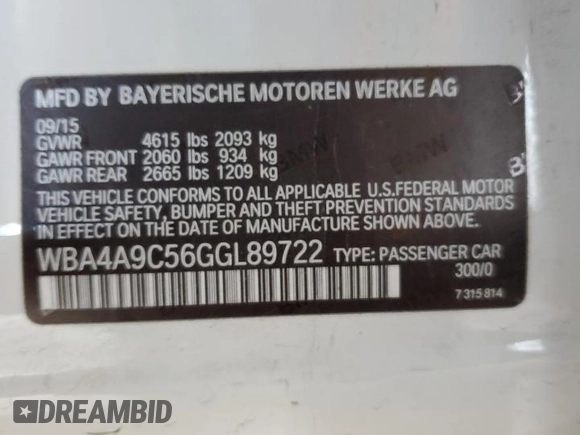 2016 BMW 4 Series 428i with VIN WBA4A9C56GGL89722, listed as a Copart auction lot 47498585 with 102,691 mi miles and Salvage Title. Bid and sale history available at DreamBid. Image 12.
