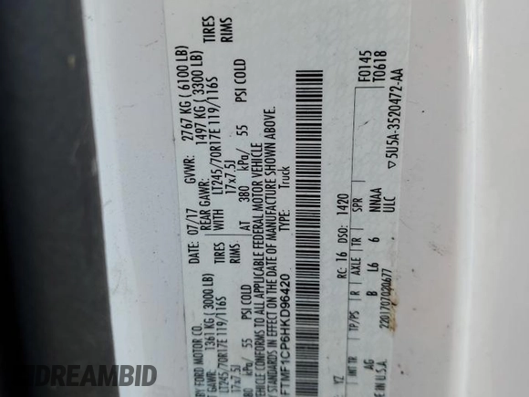 2017 Ford F-150 XL with VIN 1FTMF1CP6HKD96420, listed as a Copart auction lot 83073124 with Not provided miles and Clean title. Bid and sale history available at DreamBid. Image 12.