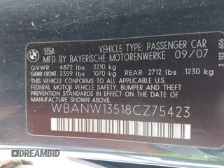 2008 BMW 5 Series 535i with VIN WBANW13518CZ75423, listed as a IAAI auction lot 41912376 with Not Provided miles and . Bid and sale history available at carsss.com. Image 9.