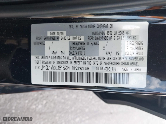2020 Mazda Mazda6 Grand Touring Reserve with VIN JM1GL1WYXL1515224, listed as a IAAI auction lot 41666385 with 51,425 mi miles. Bid and sale history available at carsss.com. Image 9.