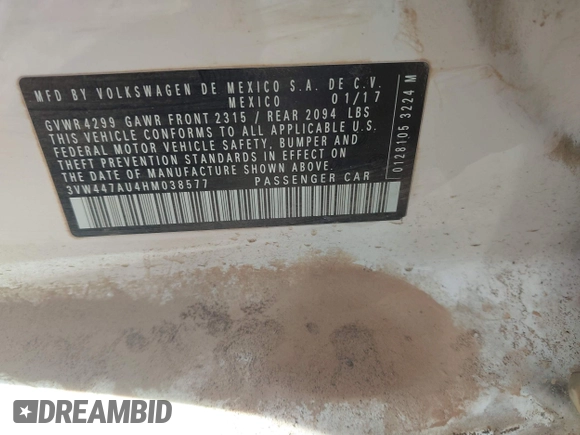 2017 Volkswagen GTI S z VIN 3VW447AU4HM038577, wystawiony jako IAAI lot #41990490 z przebiegiem 100 792 mil mil oraz . Historia ofert i sprzedaży dostępna na DreamBid. Obrazek 9.