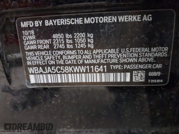 2019 BMW 5 Series 530i with VIN WBAJA5C58KWW11641, listed as a IAAI auction lot 41946359 with 48,635 mi miles and . Bid and sale history available at DreamBid. Image 9.