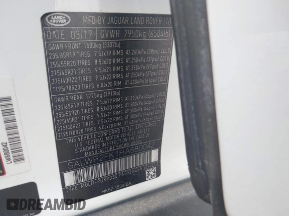 2017 Land Rover Range Rover Sport HSE with VIN SALWR2FK1HA680042, listed as a IAAI auction lot 41697628 with 117,096 mi miles and . Bid and sale history available at DreamBid. Image 9.