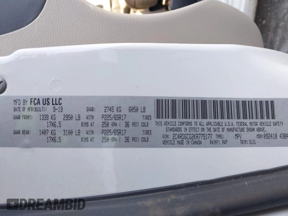 2019 Dodge Grand Caravan SXT with VIN 2C4RDGCG2KR775177, listed as a IAAI auction lot 41363146 with 129,739 mi miles and . Bid and sale history available at DreamBid. Image 9.