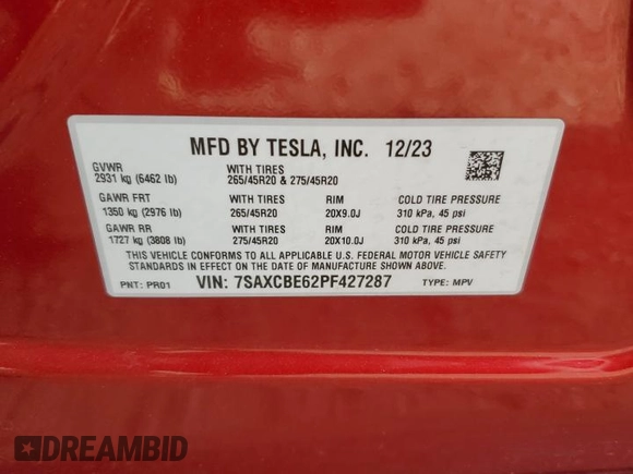 2023 Tesla Model X Plaid with VIN 7SAXCBE62PF427287, listed as a Copart auction lot 47365935 with 17,372 mi miles and Salvage Title. Bid and sale history available at DreamBid. Image 13.