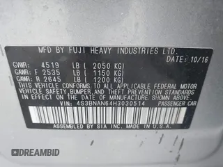 2017 Subaru Legacy Limited with VIN 4S3BNAN64H3030514, listed as a IAAI auction lot 42042754 with 86,887 mi miles and . Bid and sale history available at DreamBid. Image 9.
