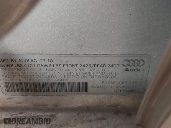 2010 Audi A4 2.0T Premium with VIN WAUAFAFL5AN058231, listed as a IAAI auction lot 41561885 with 100,975 mi miles. Bid and sale history available at carsss.com. Image 9.