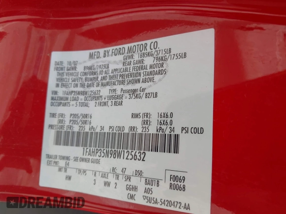 2008 Ford Focus SE with VIN 1FAHP35N98W125632, listed as a IAAI auction lot 42204436 with 232,509 mi miles and . Bid and sale history available at carsss.com. Image 9.
