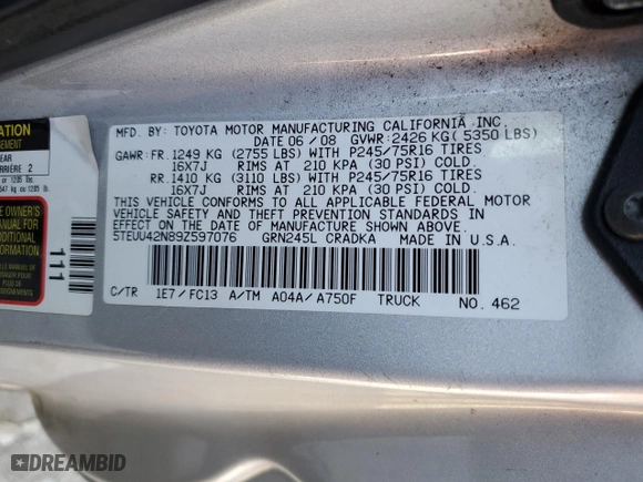2009 Toyota Tacoma with VIN 5TEUU42N89Z597076, listed as a Copart auction lot 53777665 with 271,475 mi miles and Clean Title. Bid and sale history available at carsss.com. Image 12.