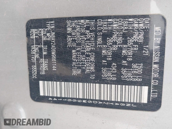 2021 Nissan Armada SV z VIN JN8AY2AD6M9661144, wystawiony jako IAAI lot #41854432 z przebiegiem 91 888 mil mil oraz . Historia ofert i sprzedaży dostępna na DreamBid. Obrazek 9.