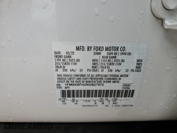 2022 Ford Explorer Limited with VIN 1FMSK8FH2NGB27972, listed as a Copart auction lot 50891715 with 29,132 mi miles and Salvage Title. Bid and sale history available at carsss.com. Image 15.