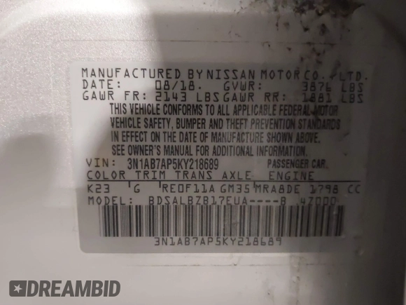 2019 Nissan Sentra SV with VIN 3N1AB7AP5KY218689, listed as a IAAI auction lot 41695018 with 117,868 mi miles and . Bid and sale history available at DreamBid. Image 9.