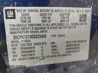 2012 Chevrolet Silverado 1500 LTZ with VIN 3GCPKTE70CG223459, listed as a IAAI auction lot 41500790 with 131,010 mi miles and . Bid and sale history available at DreamBid. Image 9.