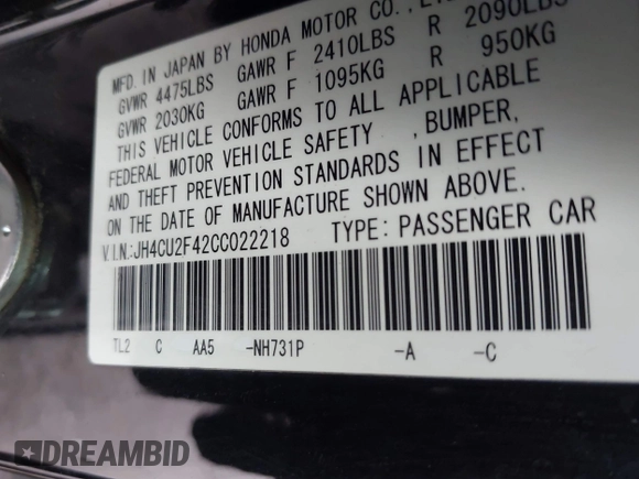 2012 Acura TSX with VIN JH4CU2F42CC022218, listed as a IAAI auction lot 41981143 with 166,783 mi miles and . Bid and sale history available at DreamBid. Image 9.
