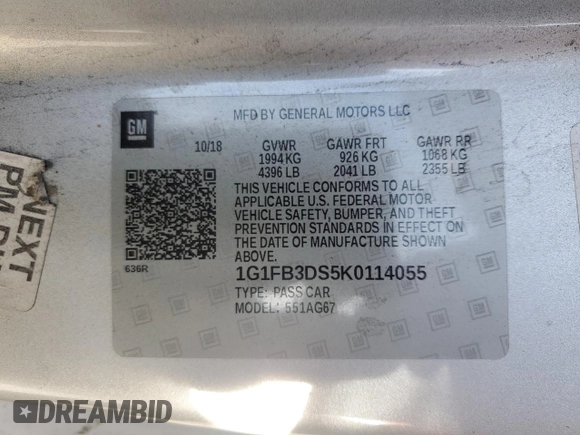 2019 Chevrolet Camaro 1LT with VIN 1G1FB3DS5K0114055, listed as a Copart auction lot 48690095 with 32,664 mi miles and Non Repairable. Bid and sale history available at carsss.com. Image 12.