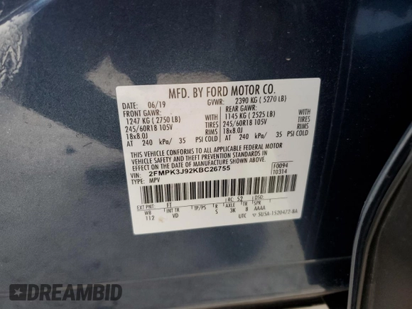 2019 Ford Edge SEL z VIN 2FMPK3J92KBC26755, wystawiony jako Copart lot #44792485 z przebiegiem 127 328 mil mil oraz Szkoda całkowita • Salvage title. Historia ofert i sprzedaży dostępna na DreamBid. Obrazek 15.