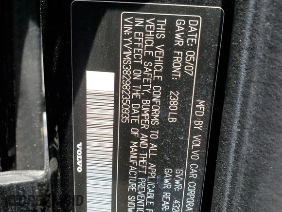 2008 Volvo S40 2.4L z VIN YV1MS382982350935, wystawiony jako Copart lot #60416945 z przebiegiem 77 593 mil mil oraz Szkoda całkowita • Salvage title. Historia ofert i sprzedaży dostępna na DreamBid. Obrazek 12.