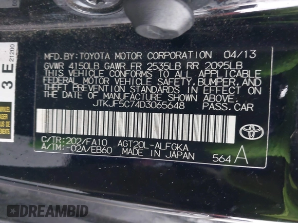2013 Scion tC with VIN JTKJF5C74D3065648, listed as a IAAI auction lot 41974509 with 97,669 mi miles. Bid and sale history available at carsss.com. Image 9.