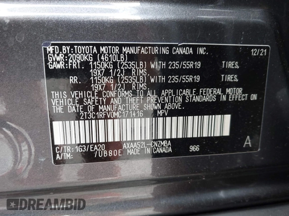 2021 Toyota RAV4 XLE Premium with VIN 2T3C1RFV0MC171416, listed as a IAAI auction lot 42425655 with 34,116 mi miles and . Bid and sale history available at DreamBid. Image 9.