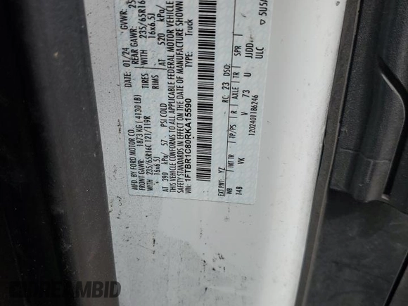 2024 Ford Transit Cargo with VIN 1FTBR1C80RKA15590, listed as a Copart auction lot 47407495 with 28,463 mi miles and Salvage Title. Bid and sale history available at DreamBid. Image 13.