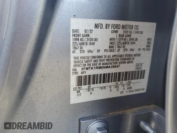 2022 Ford Mustang Mach-E Select z VIN 3FMTK1RM8NMA39647, wystawiony jako Copart lot #52046755 z przebiegiem 19 021 mil mil oraz Szkoda całkowita • Salvage title. Historia ofert i sprzedaży dostępna na DreamBid. Obrazek 13.