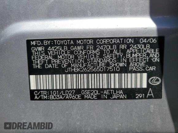 2006 Lexus IS 250 with VIN JTHBK262565017510, listed as a Copart auction lot 53925585 with 93,491 mi miles and Clean title. Bid and sale history available at DreamBid. Image 12.