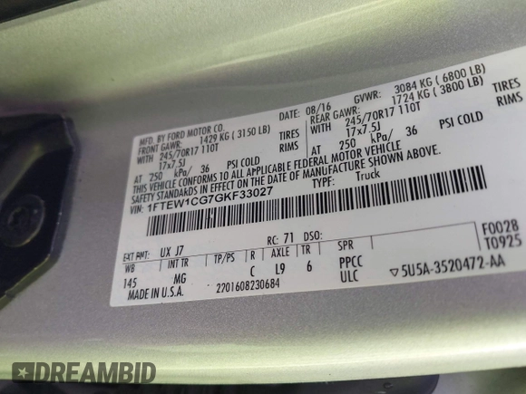 2016 Ford F-150 XL with VIN 1FTEW1CG7GKF33027, listed as a IAAI auction lot 41618098 with 121,747 mi miles and . Bid and sale history available at carsss.com. Image 9.