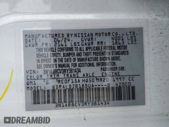 2024 Nissan Sentra SV with VIN 3N1AB8CV3RY381434, listed as a Copart auction lot 88574265 with 5,168 mi miles and Salvage Title. Bid and sale history available at DreamBid. Image 12.