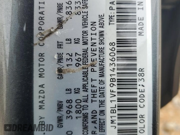 2011 Mazda Mazda3 i Touring with VIN JM1BL1VF9B1436068, listed as a Copart auction lot 51850565 with 178,182 mi miles and Salvage Title. Bid and sale history available at carsss.com. Image 13.