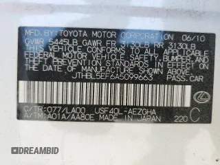 2010 Lexus LS 460 with VIN JTHBL5EF6A5099663, listed as a Copart auction lot 53441535 with Not provided miles and Salvage title. Bid and sale history available at DreamBid. Image 13.