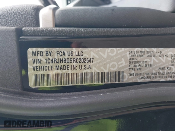 2024 Jeep Grand Cherokee Limited z VIN 1C4RJHBG5RC202647, wystawiony jako IAAI lot #42553301 z przebiegiem 12 121 mil mil oraz . Historia ofert i sprzedaży dostępna na DreamBid. Obrazek 9.