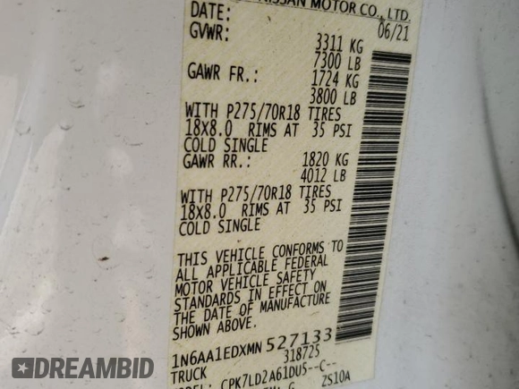 2021 Nissan Titan Pro-4X with VIN 1N6AA1EDXMN527133, listed as a Copart auction lot 49719625 with 45,230 mi miles and Salvage title. Bid and sale history available at DreamBid. Image 14.