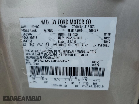 2009 Ford F-150 XLT z VIN 1FTRX12VX9FA60671, wystawiony jako Copart lot #57500425 z przebiegiem 217 159 mil mil oraz Nie do naprawy • Non repairable. Historia ofert i sprzedaży dostępna na DreamBid. Obrazek 12.