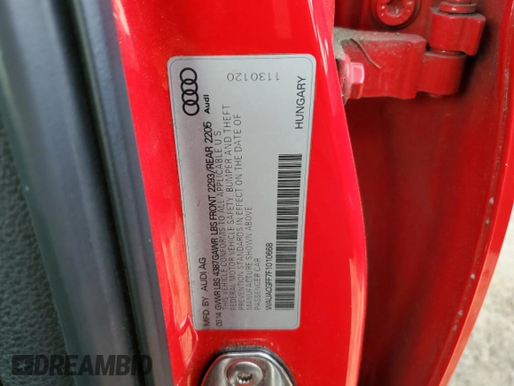 2015 Audi A3 1.8T Premium with VIN WAUACGFF7F1010668, listed as a Copart auction lot 58327453 with 90,719 mi miles. Bid and sale history available at carsss.com. Image 13.
