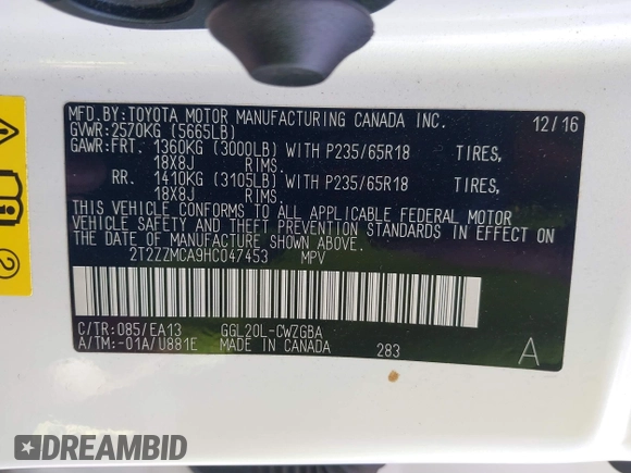 2017 Lexus RX 350 with VIN 2T2ZZMCA9HC047453, listed as a IAAI auction lot 41572652 with 101,005 mi miles and . Bid and sale history available at DreamBid. Image 9.