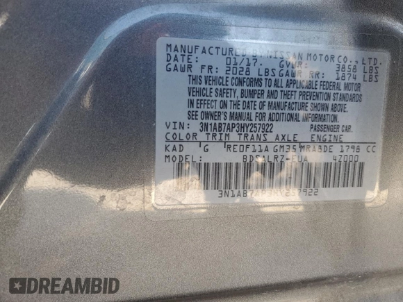 2017 Nissan Sentra SL с VIN 3N1AB7AP3HY257922, выставлен на аукционе Copart как лот 52515245 с пробегом 196 545 миль миль и Списание • Salvage title. История ставок и продаж доступна на DreamBid. Изображение 12.