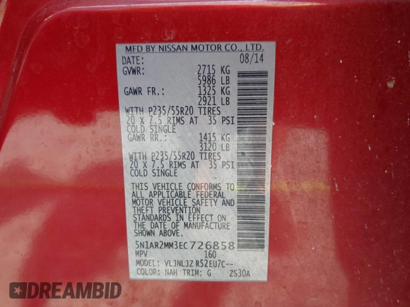 2014 Nissan Pathfinder SV с VIN 5N1AR2MM3EC726858, выставлен на аукционе IAAI как лот 42520896 с пробегом 164 256 миль миль и . История ставок и продаж доступна на DreamBid. Изображение 9.
