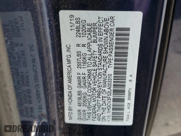 2020 Honda Accord EX-L with VIN 1HGCV3F52LA003310, listed as a Copart auction lot 48704845 with 95,973 mi miles and Salvage title. Bid and sale history available at DreamBid. Image 14.