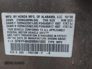 2009 Honda Pilot EX with VIN 5FNYF48409B041002, listed as a IAAI auction lot 42252034 with 116,938 mi miles and . Bid and sale history available at DreamBid. Image 9.