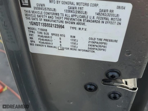 2005 Chevrolet TrailBlazer LT with VIN 1GNDT13S652123994, listed as a Copart auction lot 46840145 with NaN miles and Salvage Title. Bid and sale history available at carsss.com. Image 13.