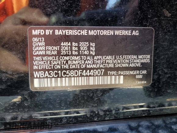 2013 BMW 3 Series 328i with VIN WBA3C1C58DF444907, listed as a Copart auction lot 49463935 with 103,258 mi miles and Salvage Title. Bid and sale history available at carsss.com. Image 12.