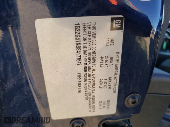 2008 Pontiac G6 z VIN 1G2ZG57N984177642, wystawiony jako Copart lot #85928734 z przebiegiem Nie podano mil oraz Szkody całkowita. Historia ofert i sprzedaży dostępna na DreamBid. Obrazek 13.