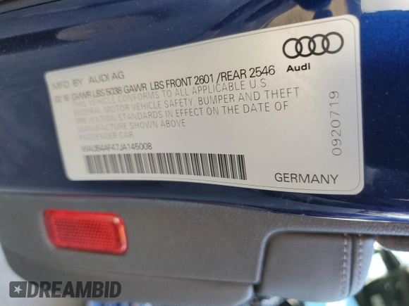 2018 Audi S4 Premium Plus with VIN WAUB4AF47JA145008, listed as a Copart auction lot 84908084 with 64,700 mi miles and Salvage Title. Bid and sale history available at carsss.com. Image 12.