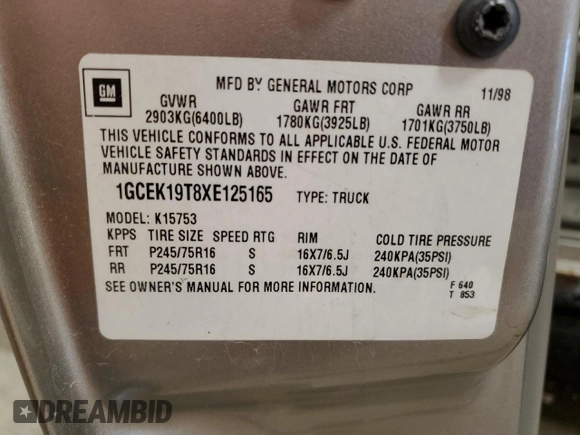 1999 Chevrolet Silverado 1500 LT with VIN 1GCEK19T8XE125165, listed as a Copart auction lot 49797425 with 230,126 mi miles and Salvage Title. Bid and sale history available at DreamBid. Image 13.