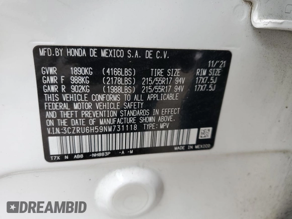 2022 Honda HR-V EX with VIN 3CZRU6H59NM731118, listed as a Copart auction lot 44976345 with 66,595 mi miles and Salvage Title. Bid and sale history available at carsss.com. Image 15.