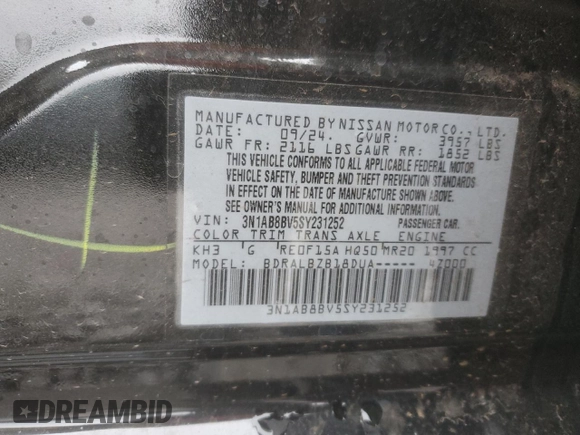 2025 Nissan Sentra S with VIN 3N1AB8BV5SY231252, listed as a Copart auction lot 47863445 with 7,665 mi miles and Salvage Title. Bid and sale history available at DreamBid. Image 14.