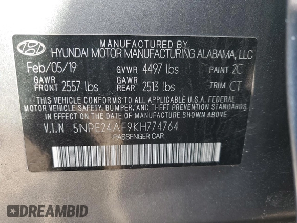 2019 Hyundai Sonata SE with VIN 5NPE24AF9KH774764, listed as a Copart auction lot 47112355 with 82,830 mi miles and Salvage Title. Bid and sale history available at DreamBid. Image 12.