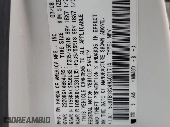 2009 Acura RDX z VIN 5J8TB18249A001714, wystawiony jako Copart lot #43387965 z przebiegiem 216 073 mil mil oraz Szkoda całkowita • Salvage title. Historia ofert i sprzedaży dostępna na DreamBid. Obrazek 13.