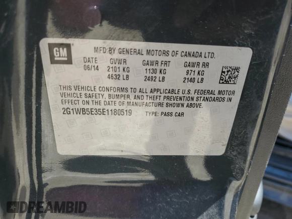 2014 Chevrolet Impala LT с VIN 2G1WB5E35E1180519, выставлен на аукционе Copart как лот 56638725 с пробегом Не указан миль и Списание • Salvage title. История ставок и продаж доступна на DreamBid. Изображение 12.