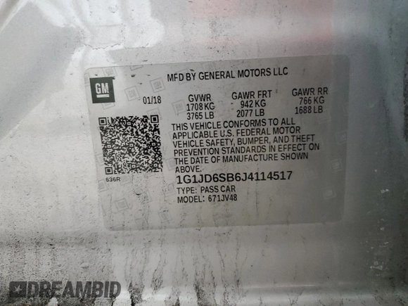 2018 Chevrolet Sonic LT with VIN 1G1JD6SB6J4114517, listed as a Copart auction lot 44530315 with Not provided miles and Salvage title. Bid and sale history available at DreamBid. Image 12.